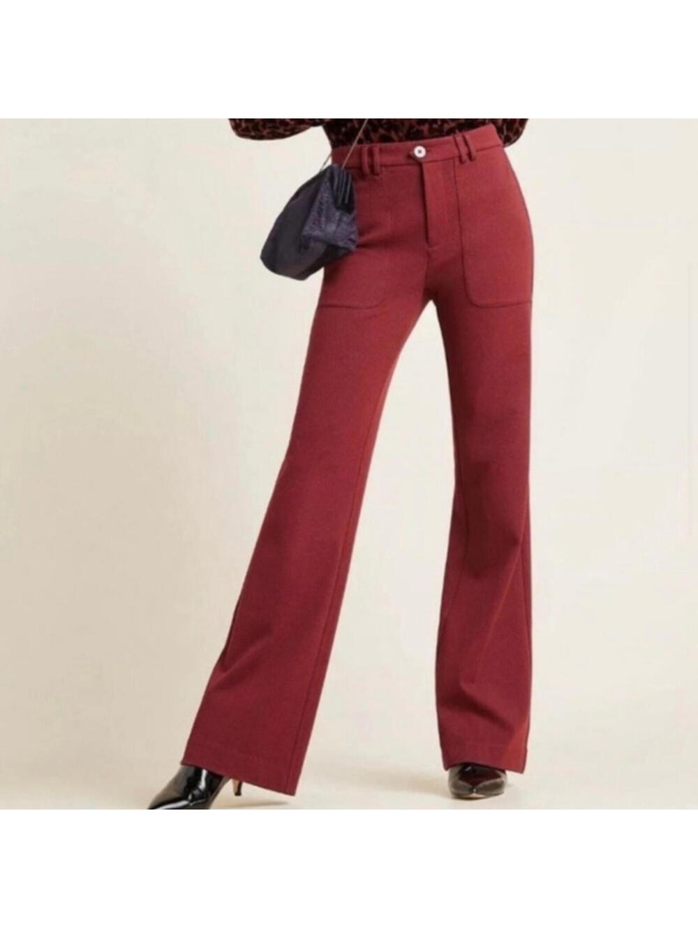 Anthropologie Essential Twill Trousers Burgundy Wide Leg Flare Pants 70s Retro